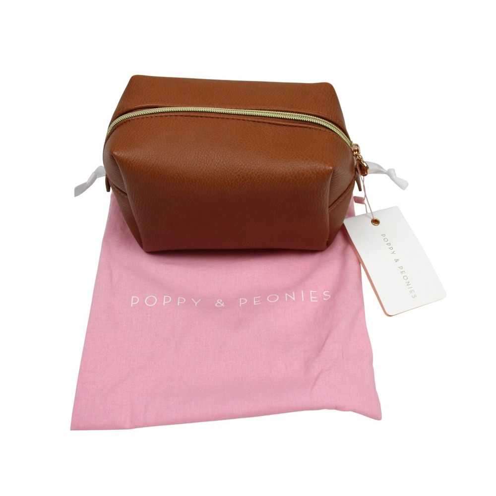 Poppy & Peonies Makeup Bag Cognac Brown Vegan Leather Cosmetic Case Zip Travel